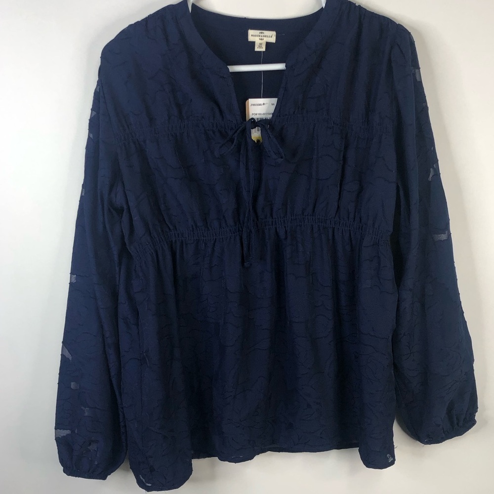 Mason & Belle navy blue long sleeve v notch layered lace look pullover blouse M